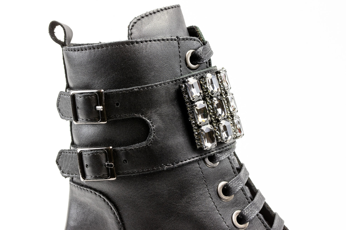 Edinburgh : Black Chunky Lace Up Studded Biker Boots