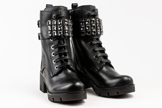 Edinburgh : Black Chunky Lace Up Studded Biker Boots