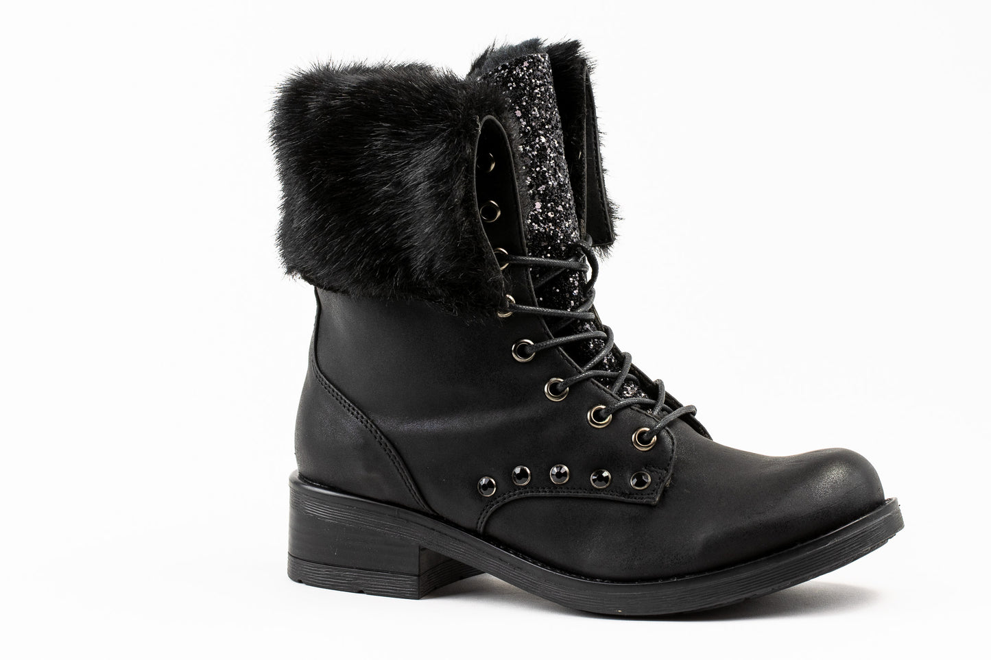 Bern : Black Leather Cuffed Lace Up Ankle Boot