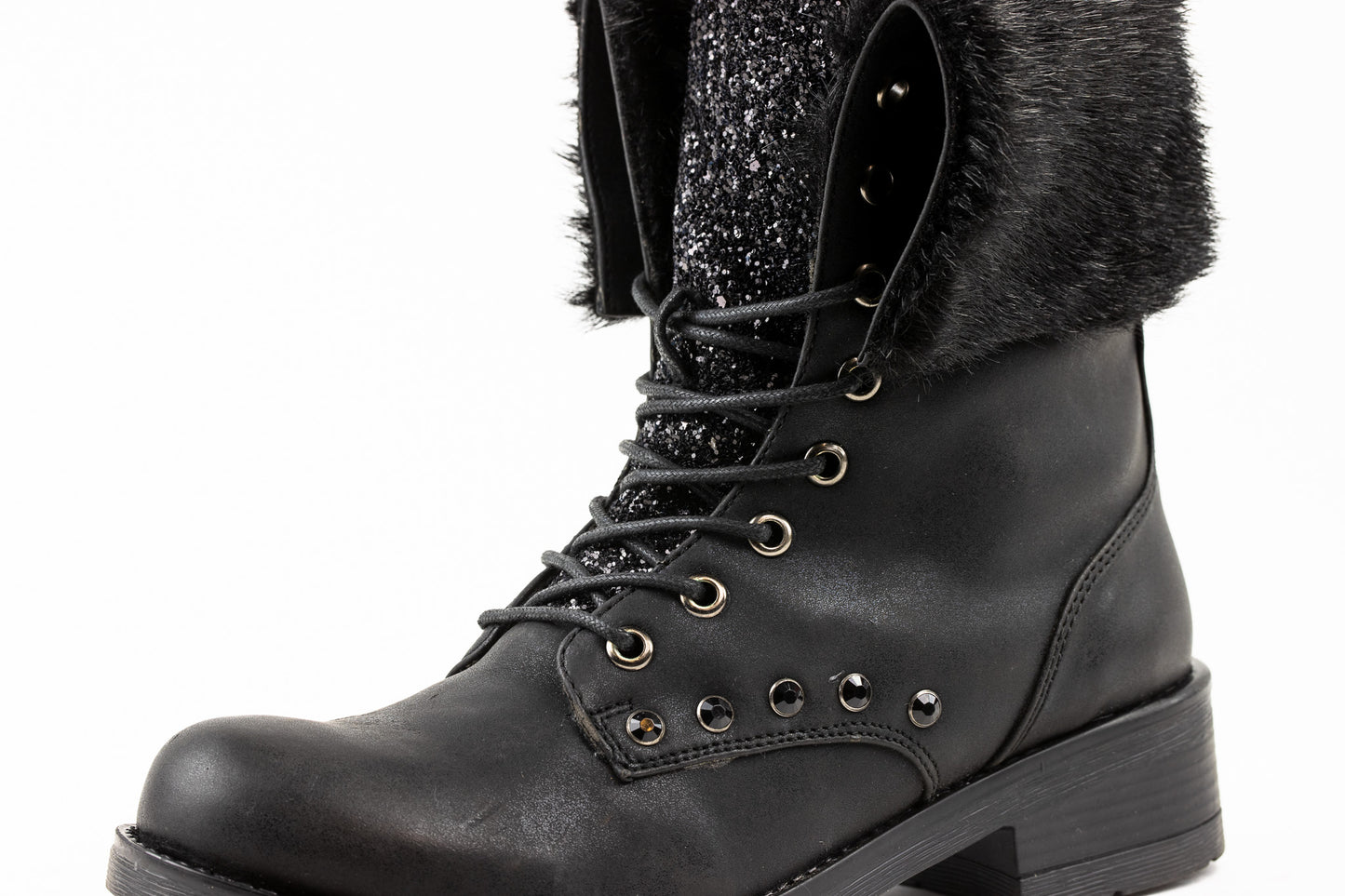 Bern : Black Leather Cuffed Lace Up Ankle Boot