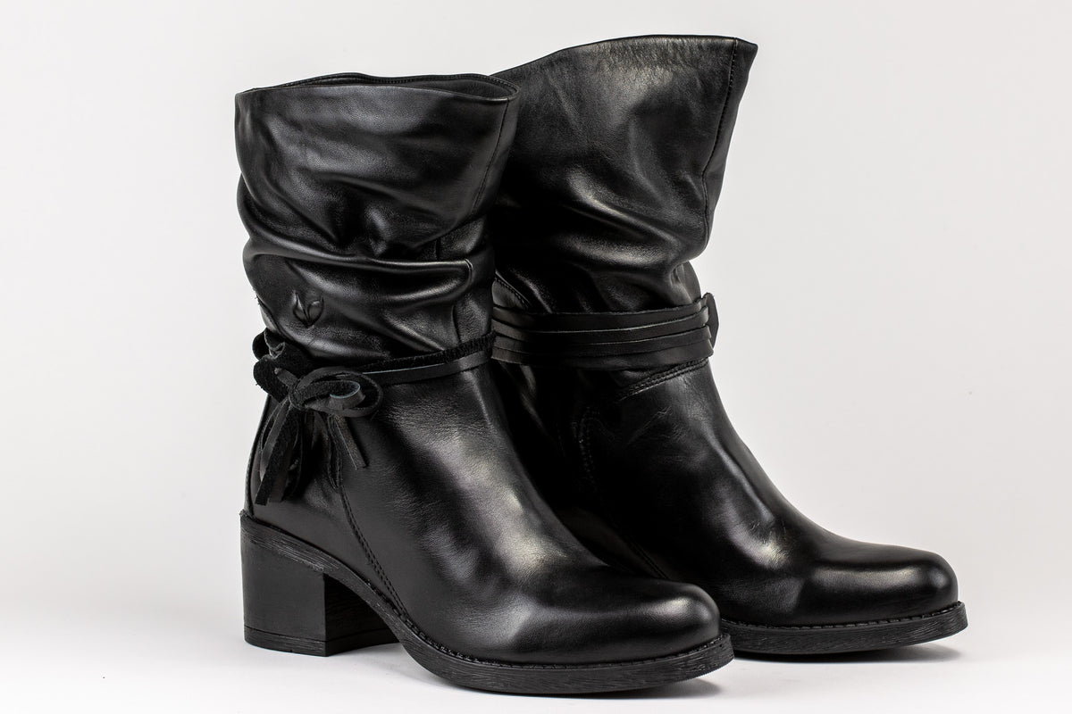 Vienna black leather slouch boots with wrap tie, pair, side view