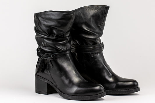 Vienna black leather slouch boots with wrap tie, pair, side view