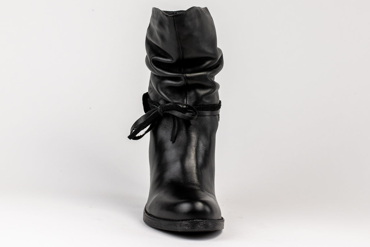Vienna black leather boot, front view showing round toe and wrap tie